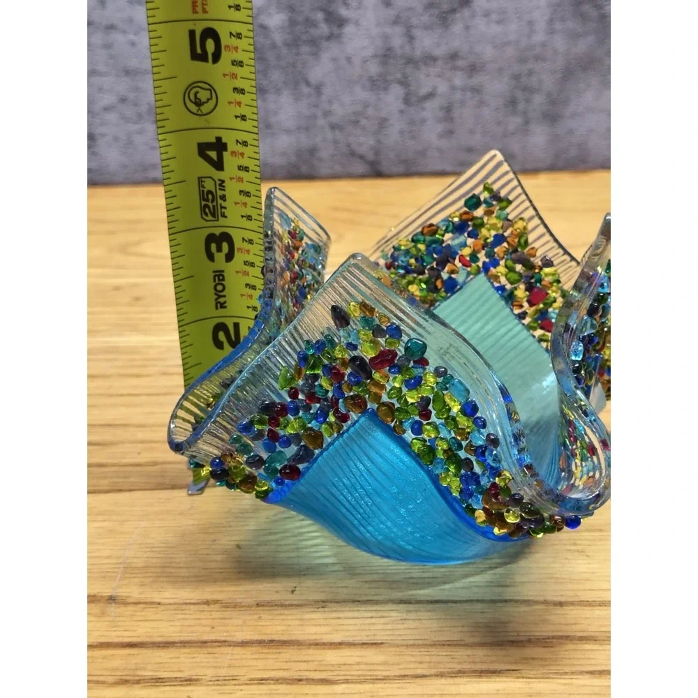 Handkerchief BOWL Vase Textured Art Glass Hand-Made‎ w/Confetti Glass Pieces
